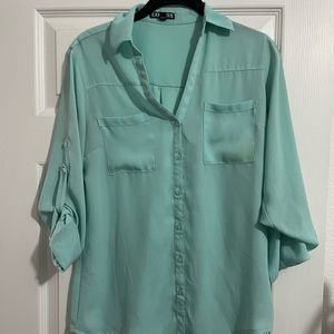 Express woman teal collared work shirt